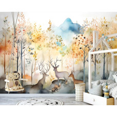 Een fotobehang met schattige hertjes en bosdieren in aquarelstijl, ideaal voor een babykamer.