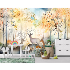Een kinderbehang met bosdieren en hertjes in een zachte aquarelvorm.