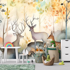 Een fotobehang met aquarelillustraties van bosdieren zoals hertjes, geschikt voor een kinderkamer.