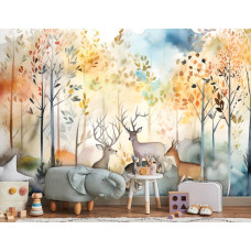 Een kinderkamer-fotobehang met lieve hertjes en bosdieren in zachte aquarelkleuren.