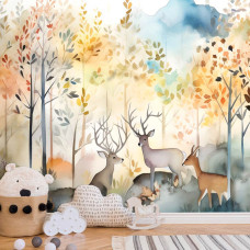 Een vliesbehang met aquarelillustraties van bosdieren en hertjes, speciaal ontworpen voor een kinderkamer.
