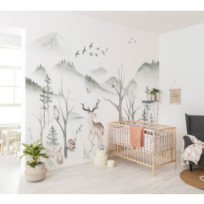 Een fotobehang met bosdieren in een kleurrijke bosomgeving, perfect voor een kinderkamer.