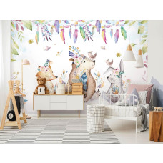 Een fotobehang van bosdieren, geschikt voor kinder- en jongenskamers.