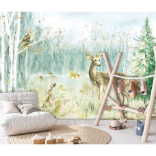 Een fotobehang van bosdieren in een kunst schilderij van een hert, uil en konijn in een babykamer.