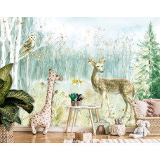 Een fotobehang van bosdieren in een kunst schilderij van een hert, uil en konijn op vliesbehang in de kinderkamer.