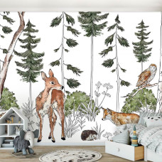 Een fotobehang van een bosdierenrijk met bosdieren op avontuur in een jongenskamer in een kinderkamer.