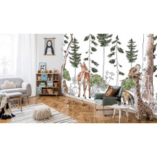 Een fotobehang van een bosdierenrijk met bosdieren op avontuur in een kinderkamer.