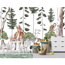 Een fotobehang van een bosdierenrijk met bosdieren op avontuur in een speelkamer voor kinderen.