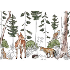 Kinderbehang van een avontuurlijk bos vol dieren, met een bosrijke achtergrond en speelse bosdieren.