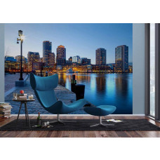 Een fotobehang van Boston Harbor, met een panoramisch uitzicht op de haven en de stad.