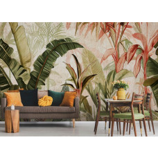 Een fotobehang met botanische jungle bladeren op beton, ideaal voor een eetkamer.