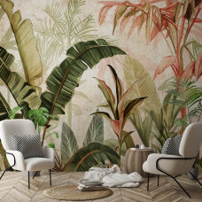 Een fotobehang met botanische jungle bladeren op beton, geschikt voor een huiskamer.