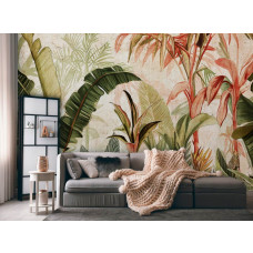 Een fotobehang met botanische jungle bladeren op beton, geschikt voor een slaapkamer en woonkamer.