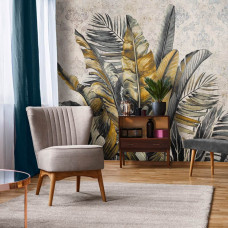 Een fotobehang met botanische jungle bladeren, geschikt voor een huiskamer.