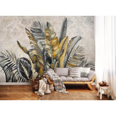 Een fotobehang met botanische jungle bladeren, ideaal voor een kantoor en woonkamer.