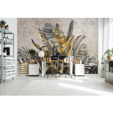 Een fotobehang met botanische jungle bladeren in een prachtig vliesbehang, ideaal voor een slaapkamer.