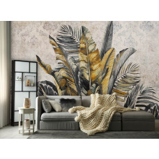 Een fotobehang met botanische jungle bladeren in een vliesbehang, passend in een woonkamer.