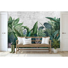 Een fotobehang met botanische jungle planten, perfect voor een kantoor.