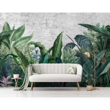 Een fotobehang met botanische jungle planten in een vliesbehang, ideaal voor een slaapkamer.
