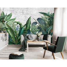 Een fotobehang met jungle planten in een botanisch thema, passend in een woonkamer.