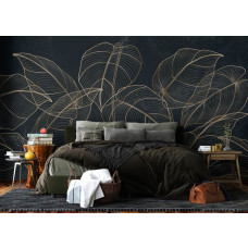 Een fotobehang met botanische bladeren en gouden accenten in de slaapkamer, waarin de weelderige plantmotieven en glinsterende goudlijnen een rustgevend en stijlvol effect geven.