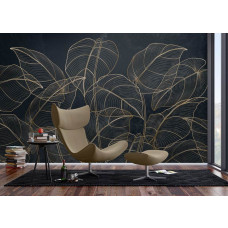 Een fotobehang met botanische bladeren en gouden accenten in een moderne woonkamer, waarbij de tropische plantmotieven en luxueuze goudaccenten een verfijnde en harmonieuze uitstraling creëren.
