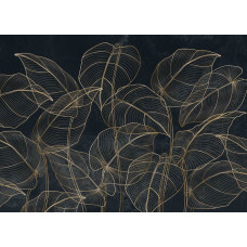 Een fotobehang met botanische bladeren en gouden accenten, waarin tropische bladeren worden gecombineerd met verfijnde gouddetails voor een luxe uitstraling.