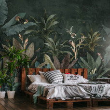 Een fotobehang van een botanische jungle-oase met planten en bladeren, perfect voor een slaapkamer.