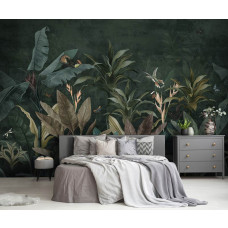 Een fotobehang van een botanische jungle-oase met planten en bladeren, dat de kamer een tropische uitstraling geeft.