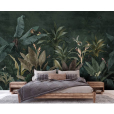 Een fotobehang van een botanische jungle-oase met planten en bladeren in een vliesbehang slaapkamer.