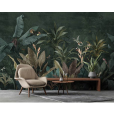 Een fotobehang van een botanische jungle-oase met planten en bladeren in een woonkamer.