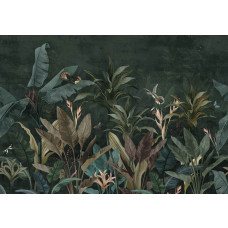 Fotobehang van een botanische jungle-oase met planten en bladeren, in een natuurlijke stijl.