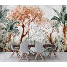 Een fotobehang met botanische jungle planten op een betonnen achtergrond, ideaal voor een kantoor.