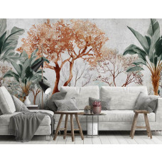 Een fotobehang met botanische jungle planten op beton, passend in een slaapkamer en woonkamer.