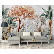 Een fotobehang met botanische jungle planten op beton, bedrukt op vliesbehang, geschikt voor een woonkamer.