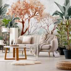 Een fotobehang met botanische jungle planten op een betonnen achtergrond, perfect voor een woonkamer.