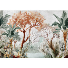 Fotobehang van botanische jungleplanten op beton, met een tropische en rustieke uitstraling.
