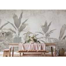 Een vrolijk fotobehang van een botanische jungle in de keuken, voegt een zonnige en uitnodigende sfeer toe aan de ruimte.