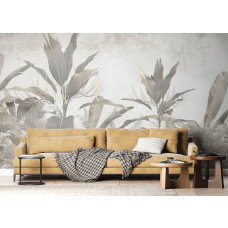 Fotobehang van een botanische jungle in een woonkamer, zorgt voor een rustige en harmonieuze sfeer met een vleugje avontuur.