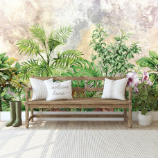 Een botanisch fotobehang van jungle planten te zien in de huiskamer.