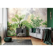 Een botanisch fotobehang van jungle planten te zien in de woonkamer.