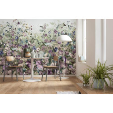 Een fotobehang met een botanische tuin vol bloemen en planten, weergegeven in een abstracte stijl voor een natuurlijke uitstraling. Dit ontwerp brengt een frisse en levendige sfeer in de keuken.