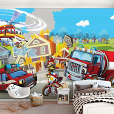 Een fotobehang met brandweervoertuigen voor kinderen in de babykamer en jongenskamer.