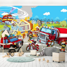 Een fotobehang met brandweervoertuigen voor kinderen in de babykamer en kinderkamer.