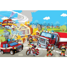 Fotobehang van brandweerauto's en voertuigen, perfect voor kinderkamers.
