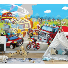 Een fotobehang met brandweervoertuigen voor kinderen in de kinderkamer en speelkamer.