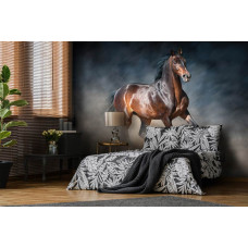 Een fotobehang met een bruin paard voor de slaapkamer.