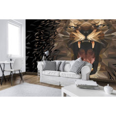 Een fotobehang met een brullende leeuw in kunstzinnige schilderstijl voor de woonkamer.
