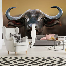 Een fotobehang met een buffelkop voor de woonkamer.