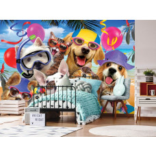 Een fotobehang met katten en honden in een vrolijke selfie-stijl, ideaal voor een kinderkamer.